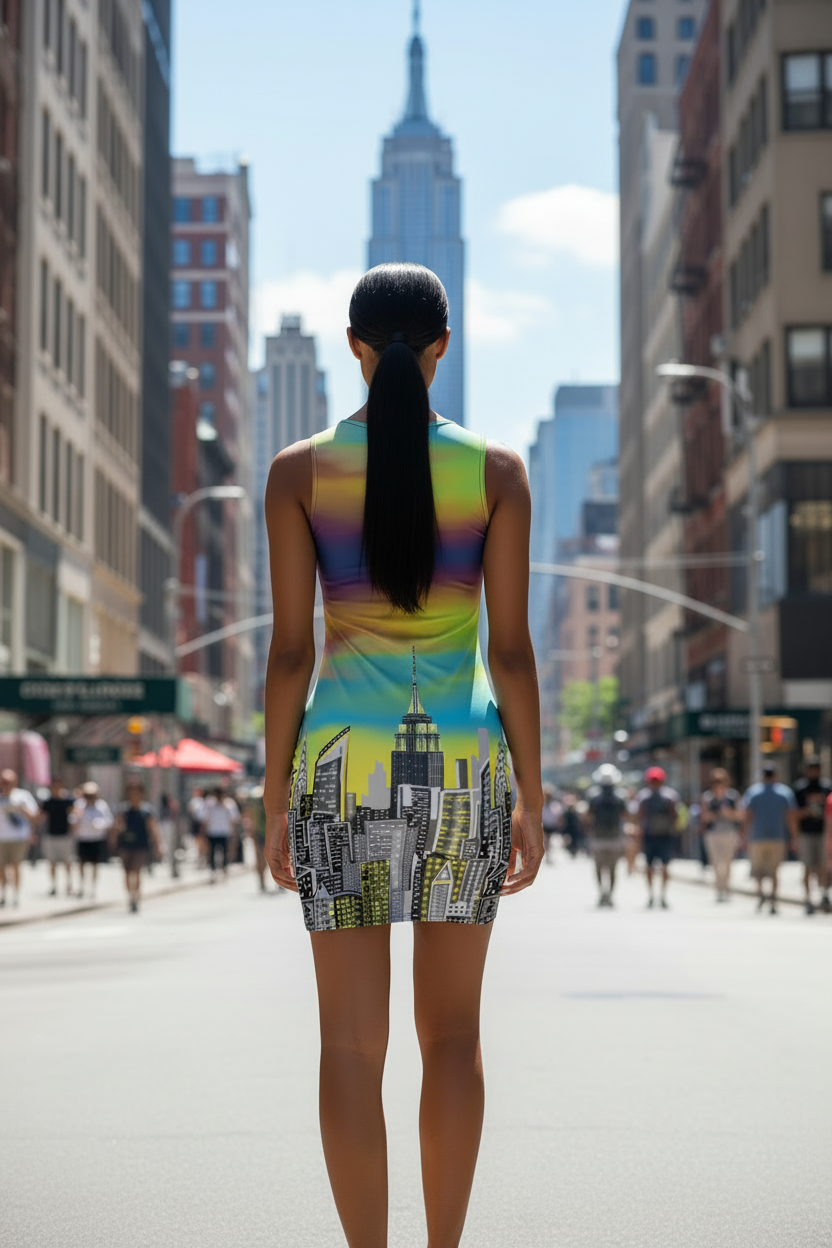 Female wearing a vibrant colorful Loria NYC Art dress in an urban setting.