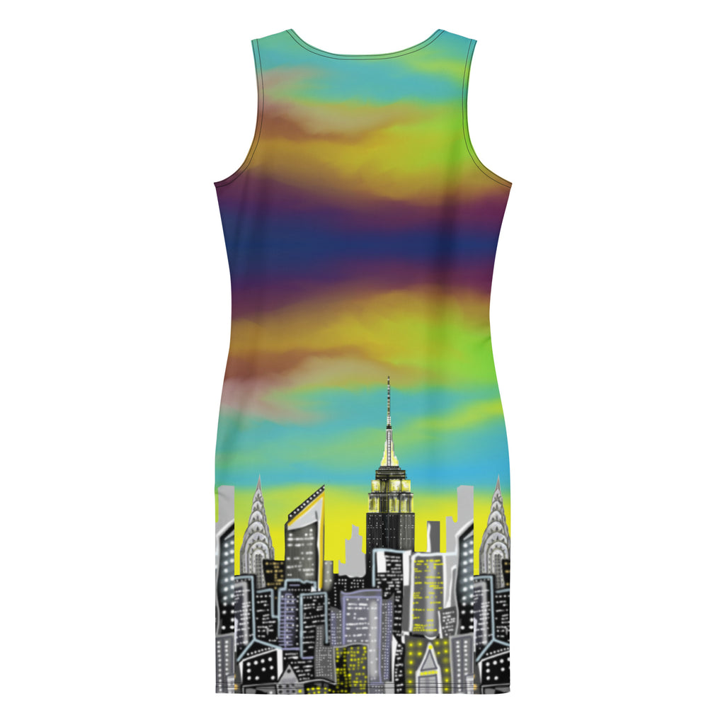 Back of colorful Sleeveless Bodycon Dress with Loria NYC Art skyline design.