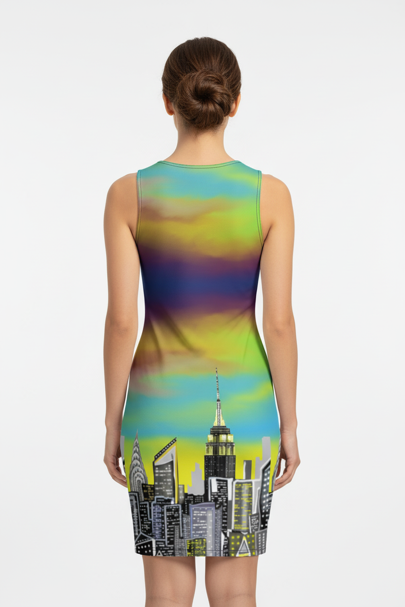Woman wearing a colorful Loria NYC Art dress with a cityscape design on a white background