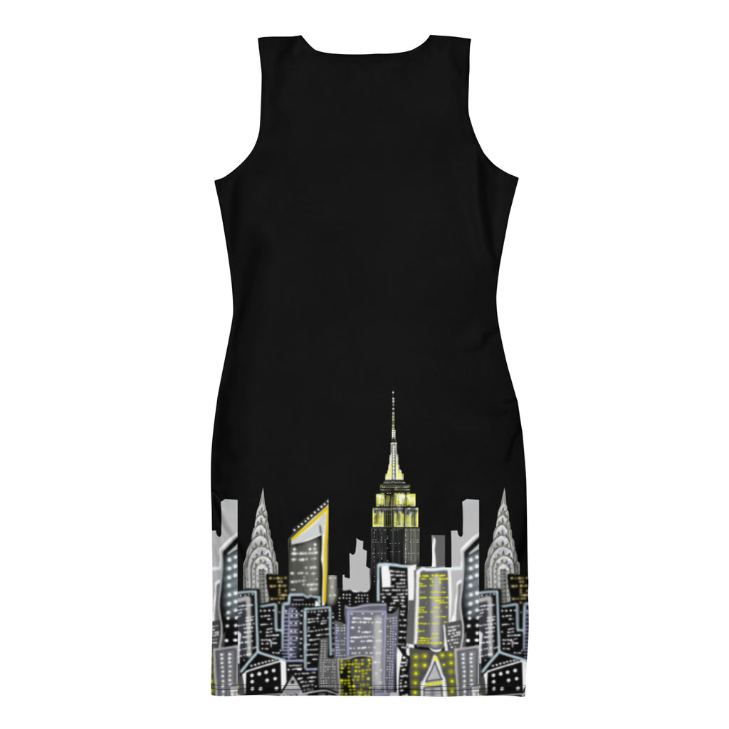 Back of a Black sleeveless Bodycon Dress with Notte Nera Urbana design by S.Loria NYC Art