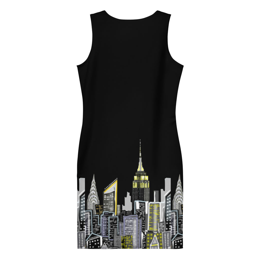 Back view of Black sleeveless Bodycon Dress with Notte Nera Urbana design by S.Loria NYC Art