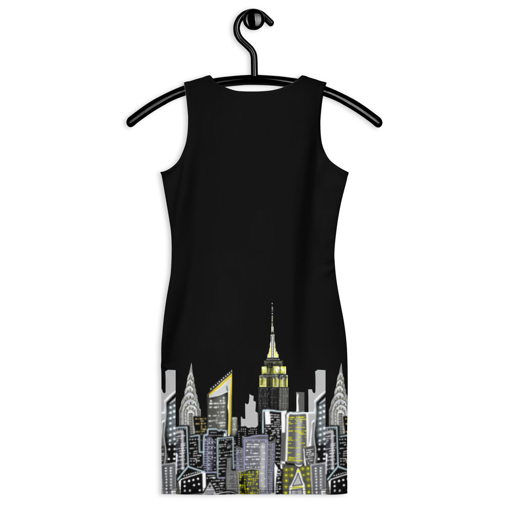 Back of a Black sleeveless Bodycon Dress with Notte Nera Urbana design by S.Loria NYC Art on a hanger against a white background