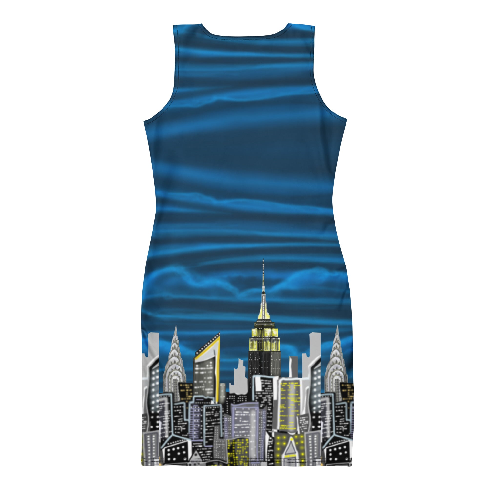 Back view of Sleeveless Bodycon Dress with Notte Cielo Onde Blue Loria NYC Art design 