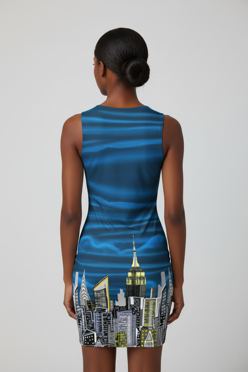 Woman wearing a Loria NYC Art blue dress with cityscape design on a plain background