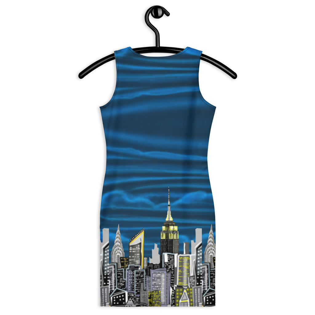 Back of Sleeveless Bodycon Dress with Notte Cielo Onde Blue by Loria NYC Art design  on a hanger against a white background
