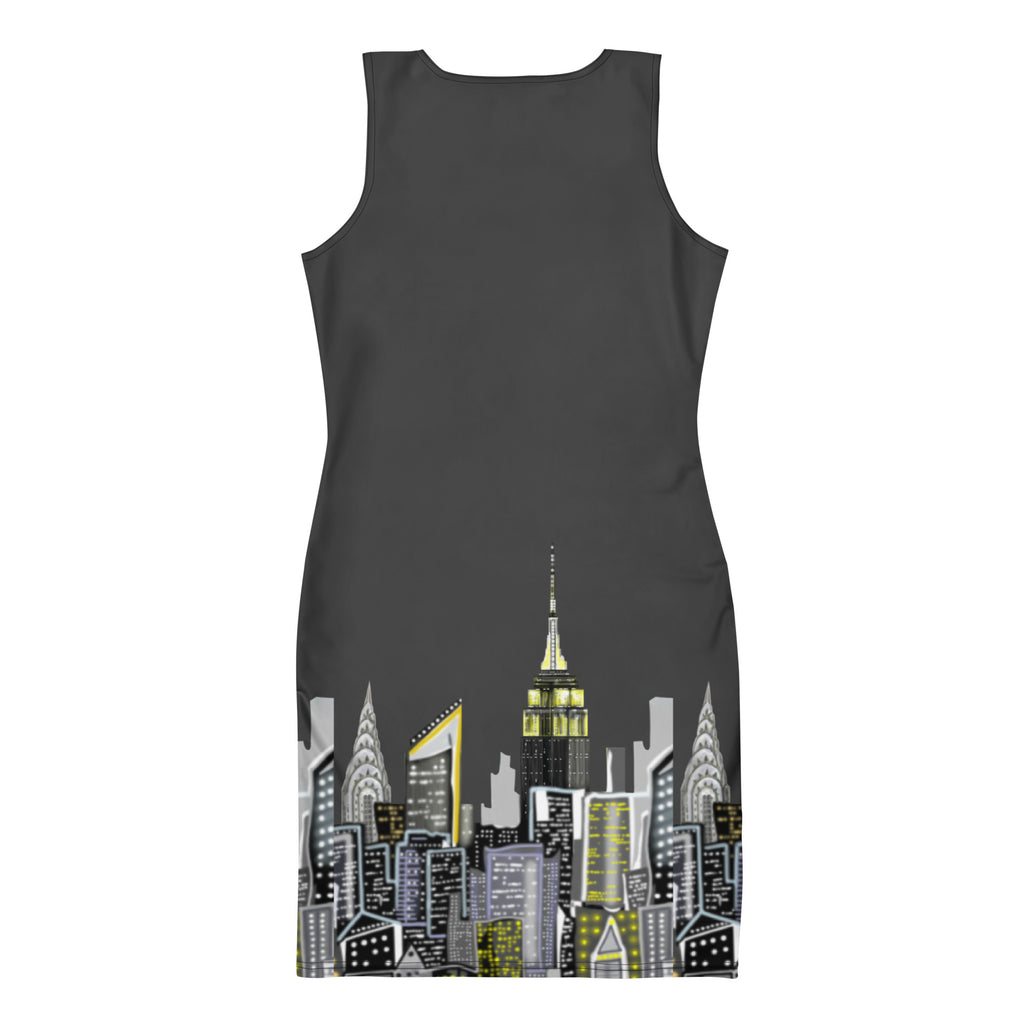 Back view of Bodycon Dress with Loria NYC Art skyline design.