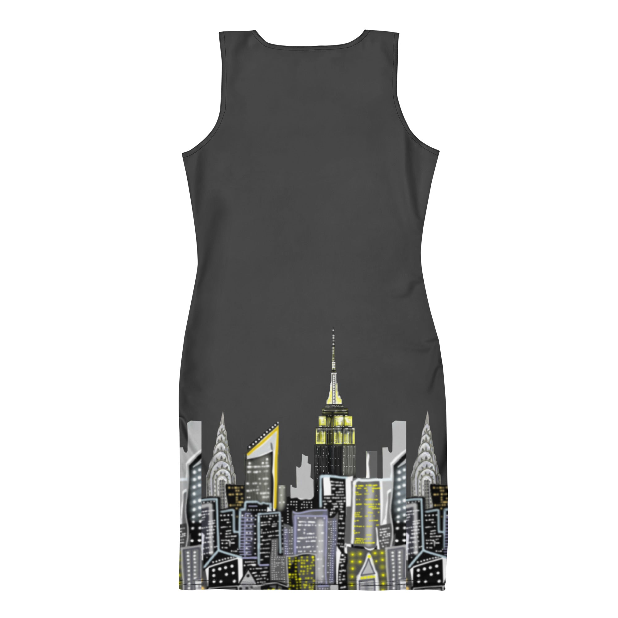 Back view of Bodycon Dress with Loria NYC Art skyline design.