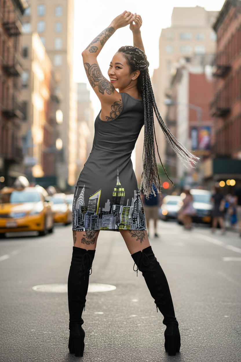 Woman in a city street wearing a dress with a Loria NYC Art cityscape print and knee-high boots.