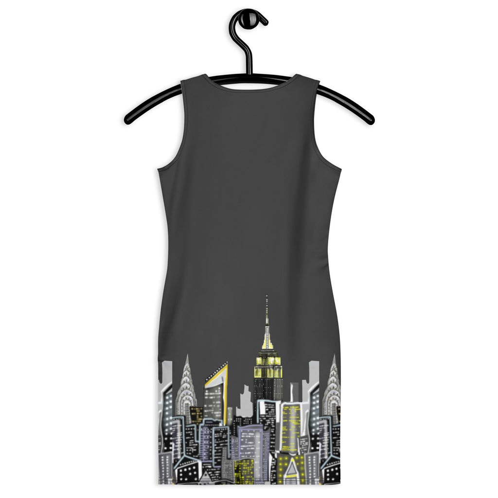 Back view of a Bodycon Dress with Crepuscolo Fumo Oxide NYC skyline designed by S.Loria NYC Art on a hanger  