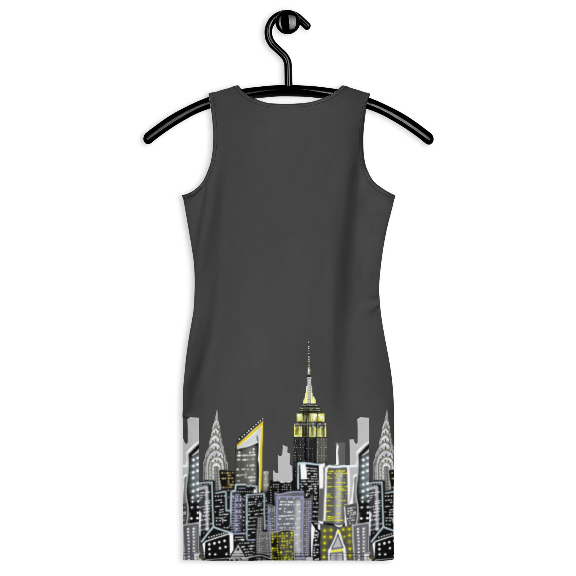 Back view of a Bodycon Dress with Crepuscolo Fumo Oxide NYC skyline designed by S.Loria NYC Art on a hanger  