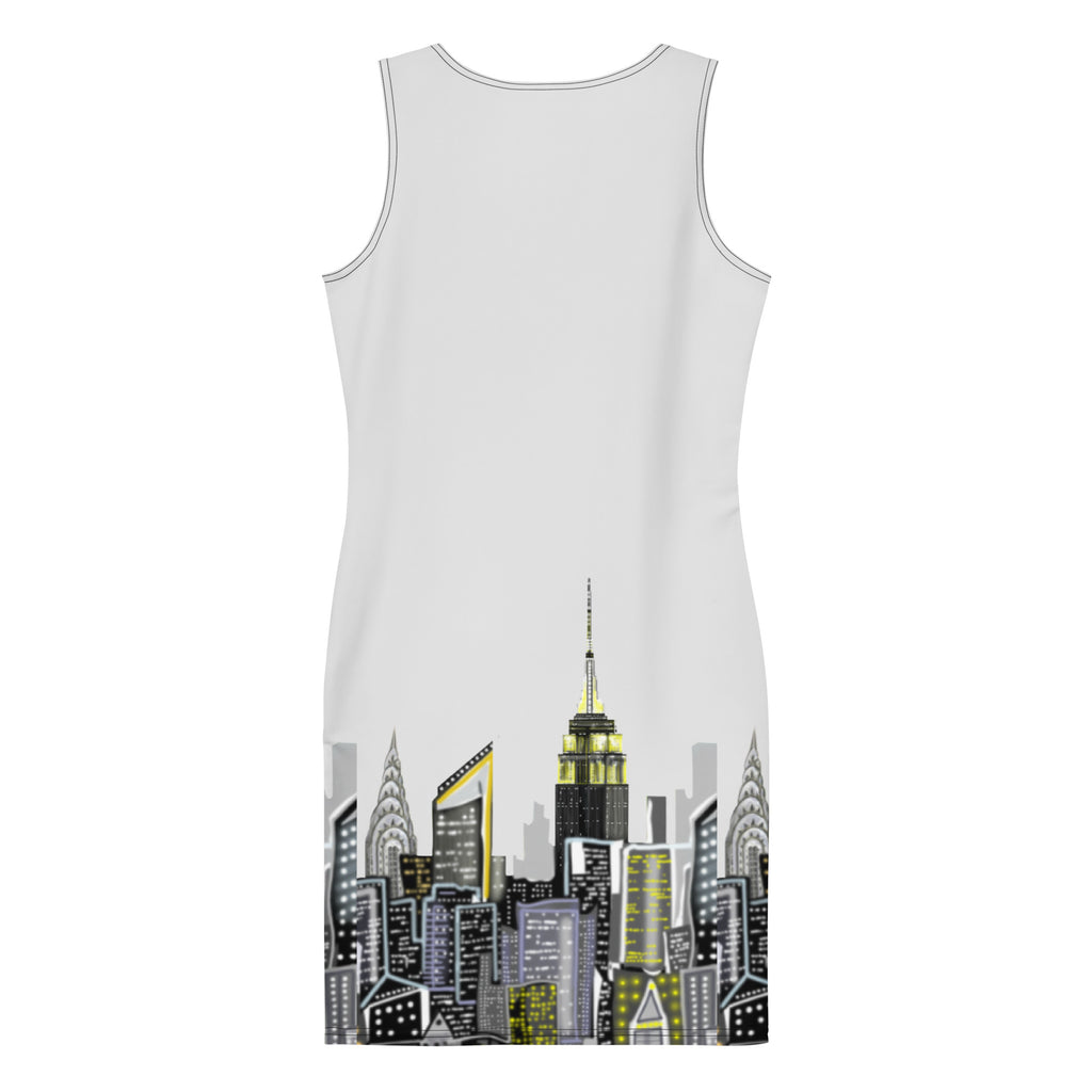 Back of a Bodycon Dress with Bianco Sussurro Abstract Skyline by Loria NYC Art with whisper white sky on a white backround