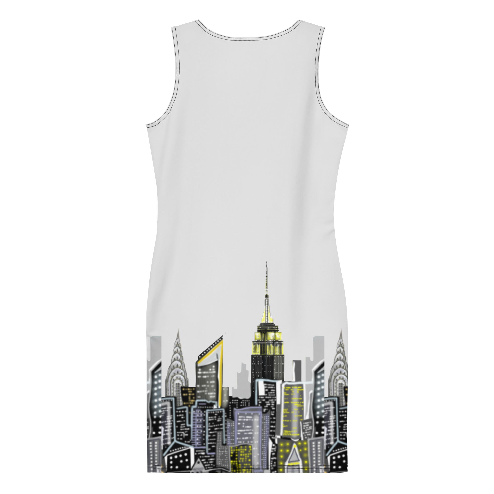 Back of a Bodycon Dress with Bianco Sussurro Abstract Skyline by Loria NYC Art with whisper white sky on a white backround