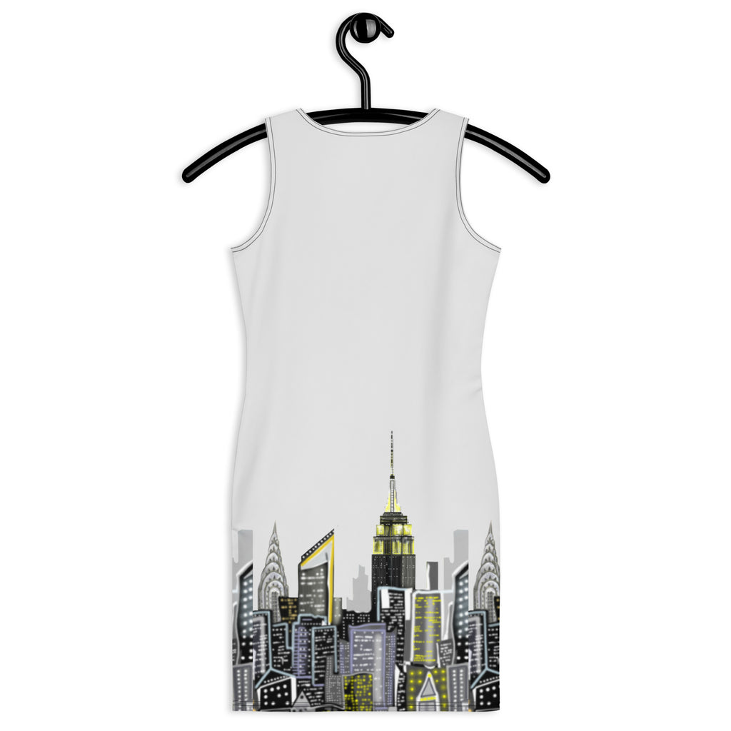 Back of a Bodycon Dress with Bianco Sussurro Abstract Skyline by Loria NYC Art with whisper white sky on a white backround on a hanger