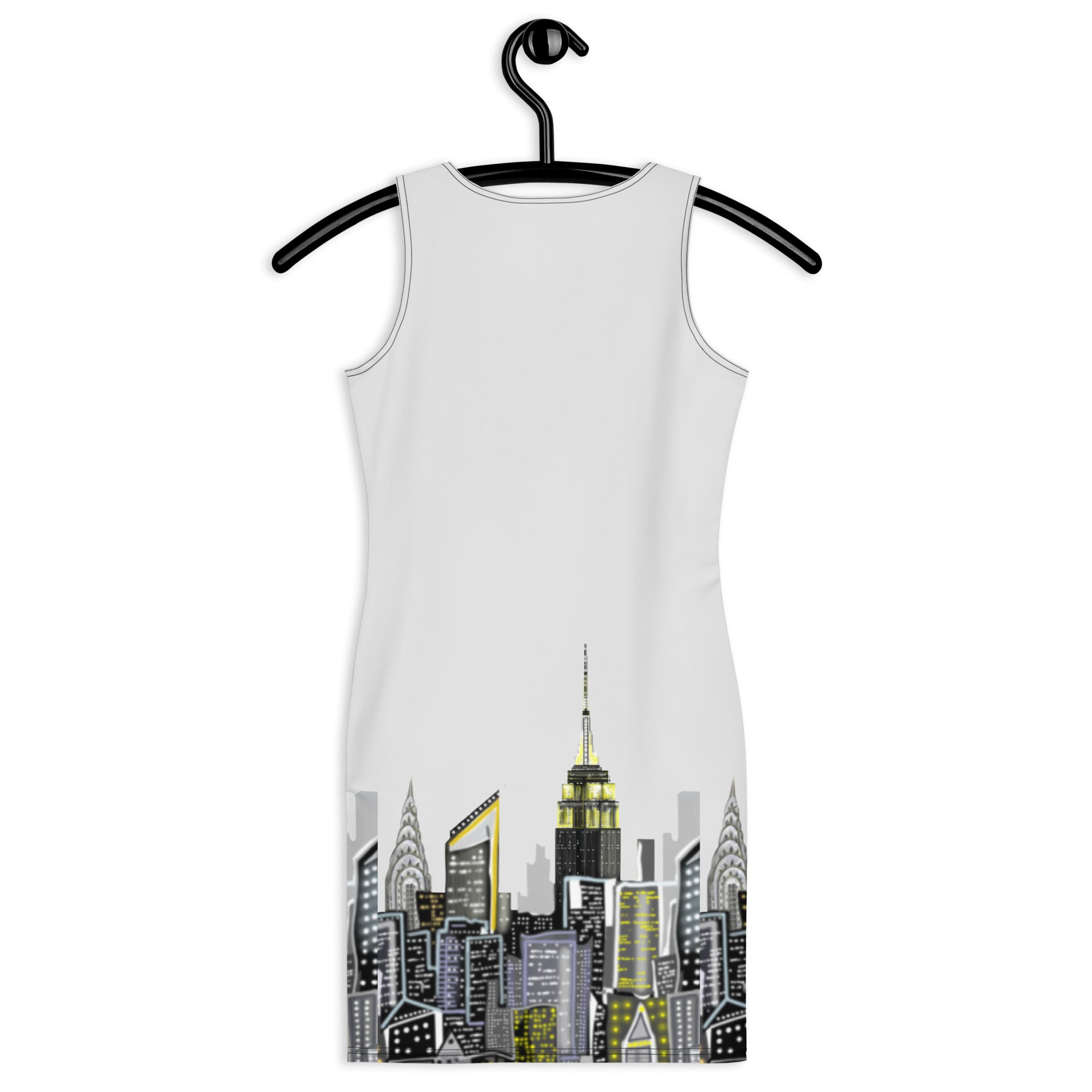 Back of a Bodycon Dress with Bianco Sussurro Abstract Skyline by Loria NYC Art with whisper white sky on a white backround on a hanger