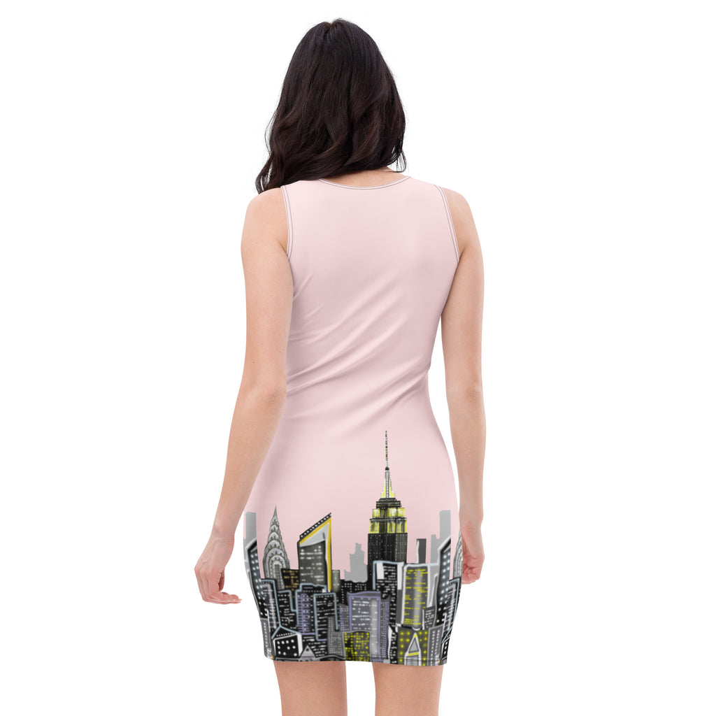 Back view of a women wearing a Bodycon Dress with Rosa Pallido Abstract NYC Skyline designed by Loria NYC Art on white background 