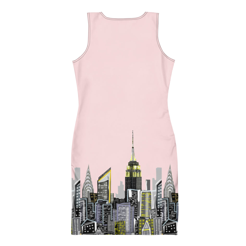 Back of a Bodycon Dress with Rosa Pallido Abstract NYC Skyline designed by Loria NYC Art on white background 