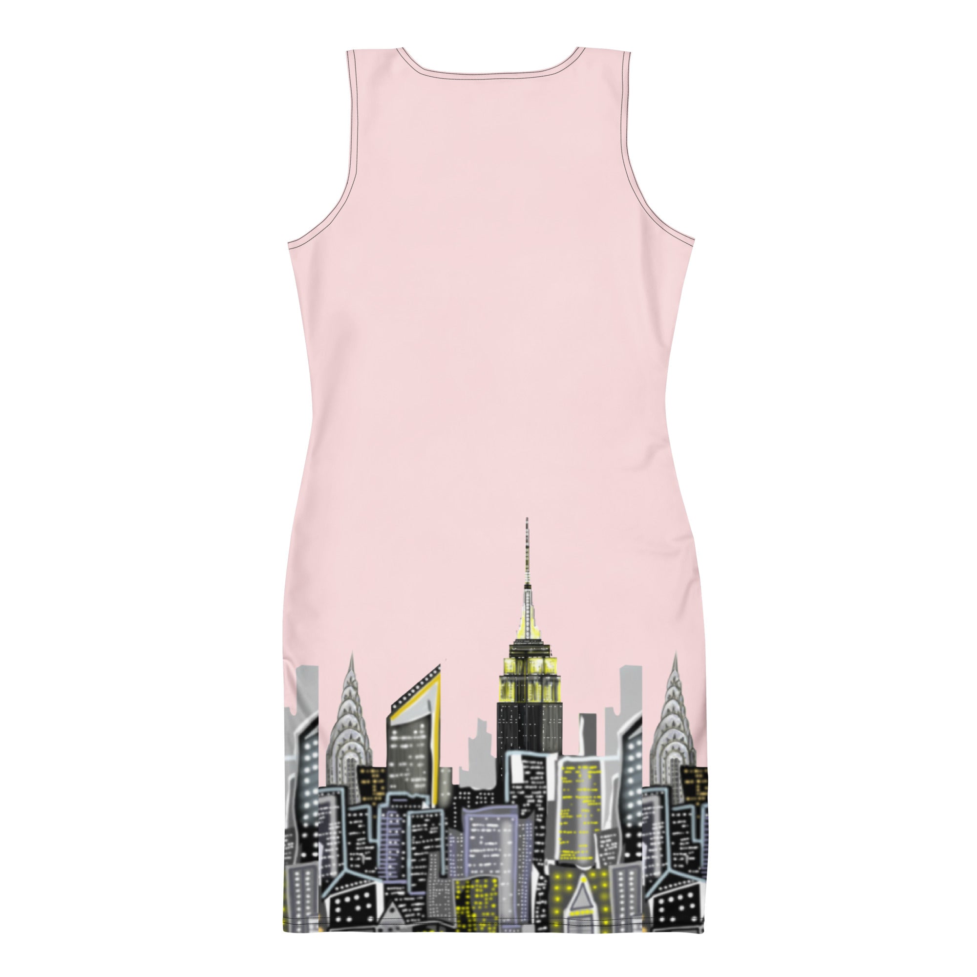 Back of a Bodycon Dress with Rosa Pallido Abstract NYC Skyline designed by Loria NYC Art on white background 