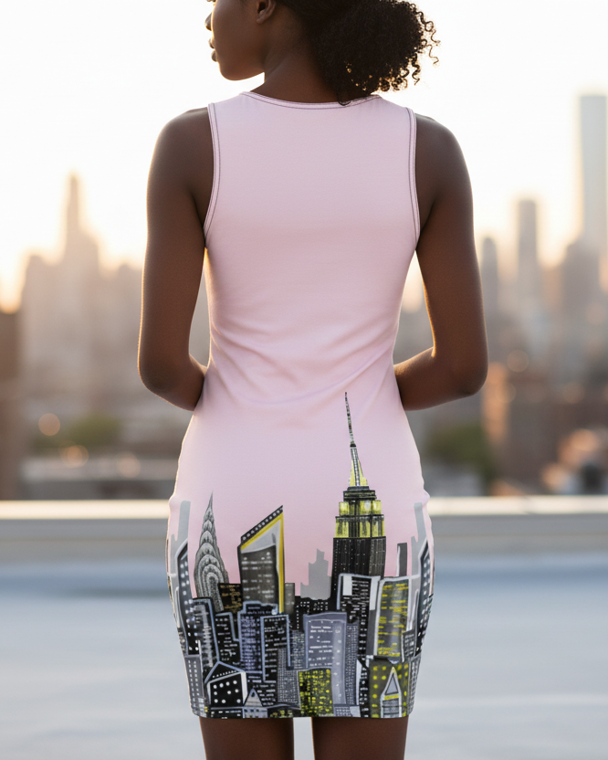 Woman wearing a Loria NYC Art dress with city skyline design on a rooftop with cityscape in the background