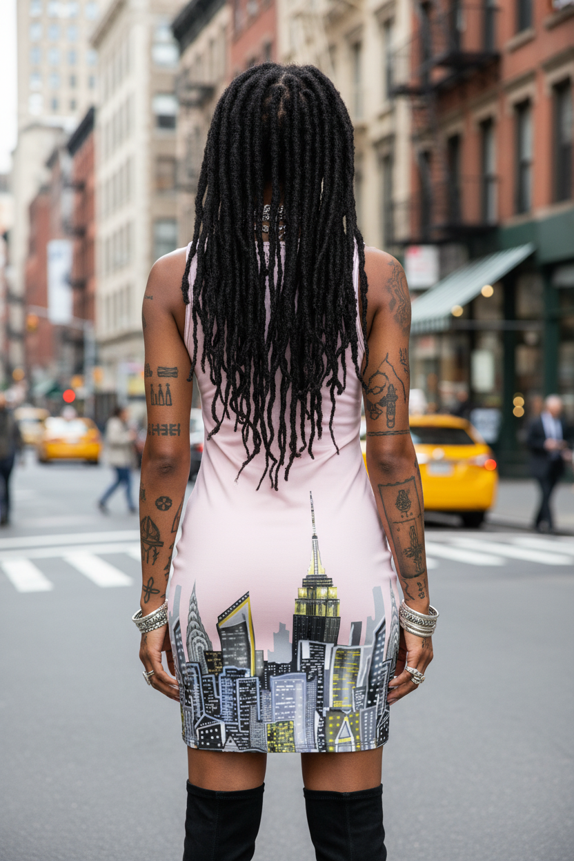 Person wearing a dress with Loria NYC Art cityscape design on a city street
