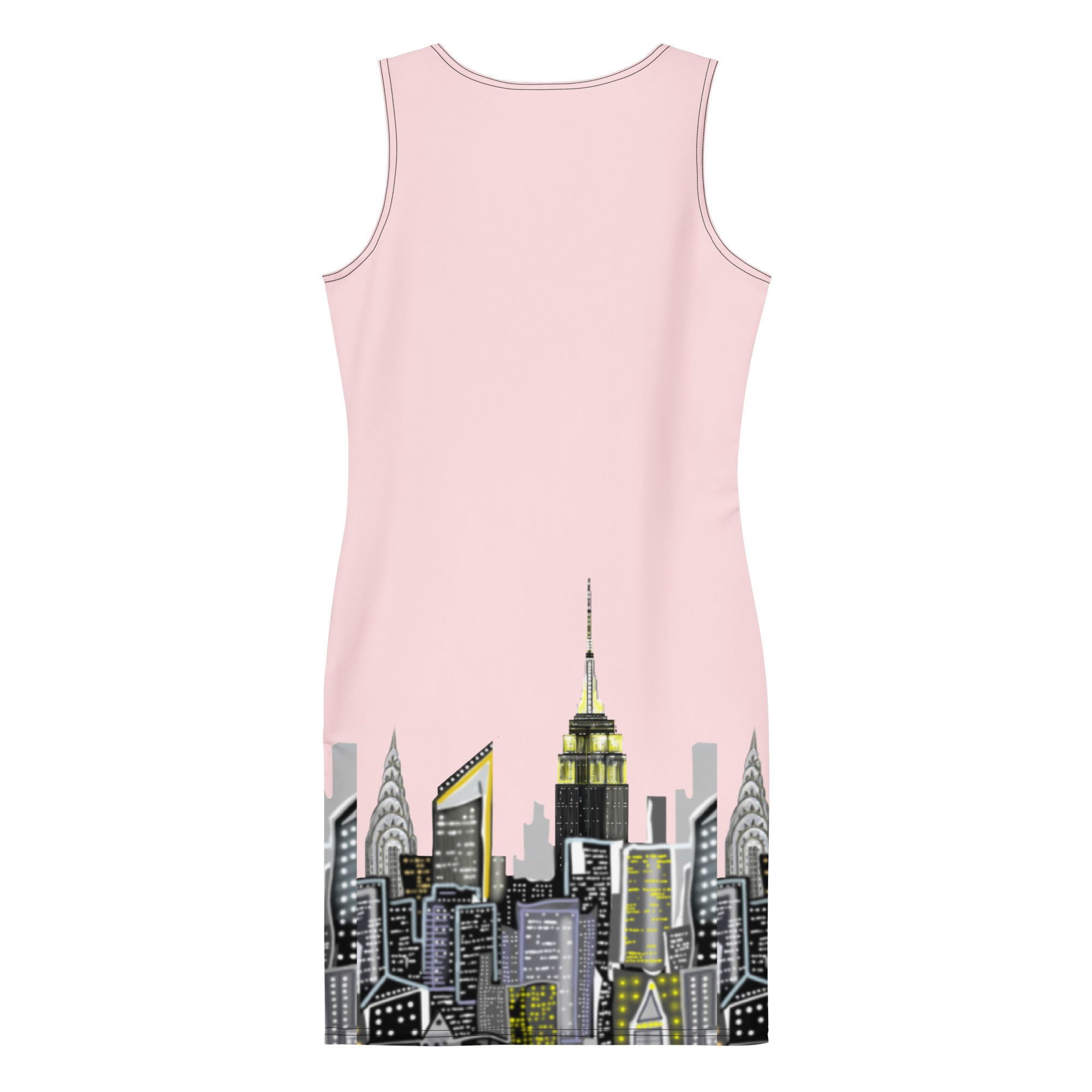 Rear view of a Bodycon Dress with Rosa Pallido Abstract NYC Skyline designed by Loria NYC Art on white background 