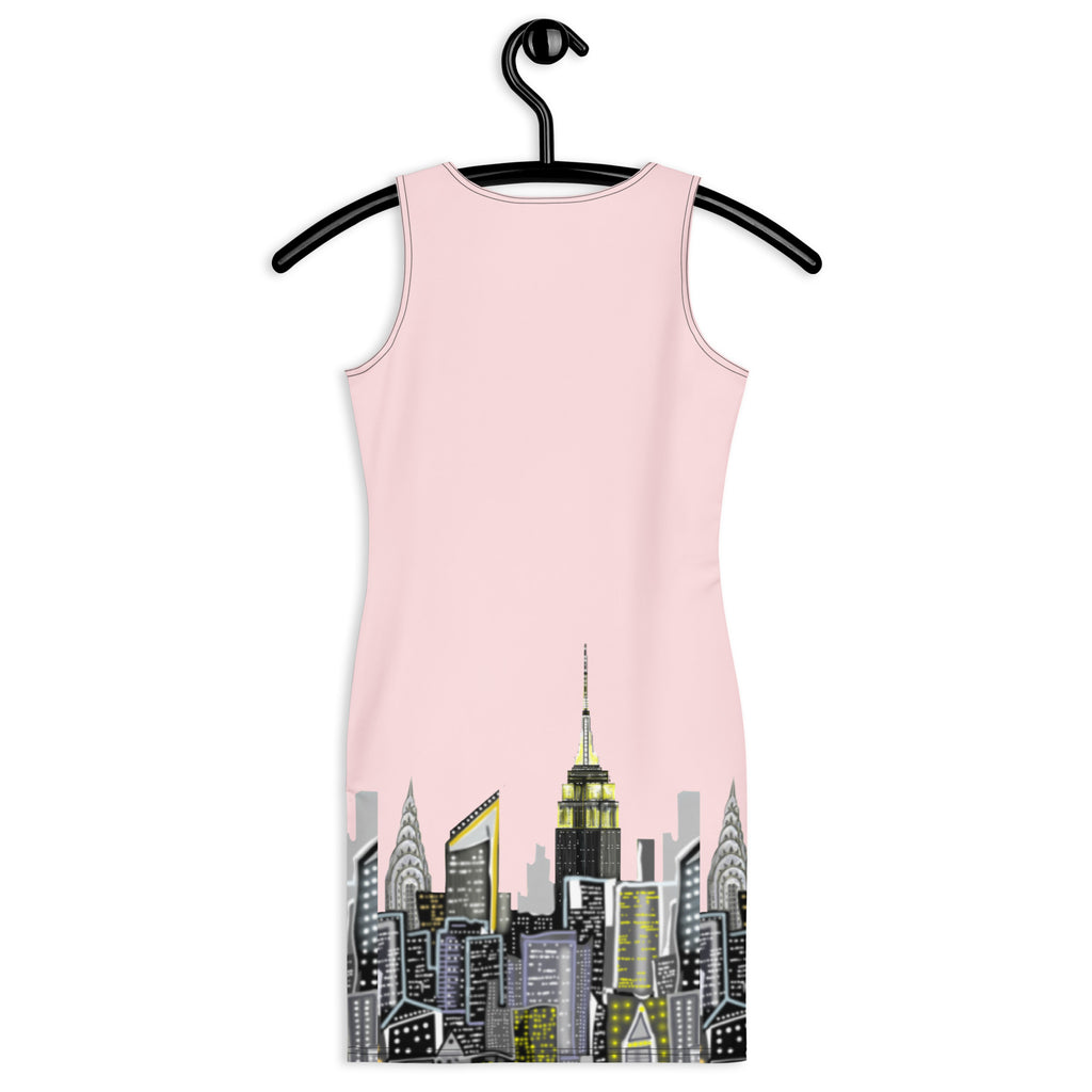 Back of a Bodycon Dress with Rosa Pallido Abstract NYC Skyline designed by Loria NYC Art on white background  on a hanger against a white background