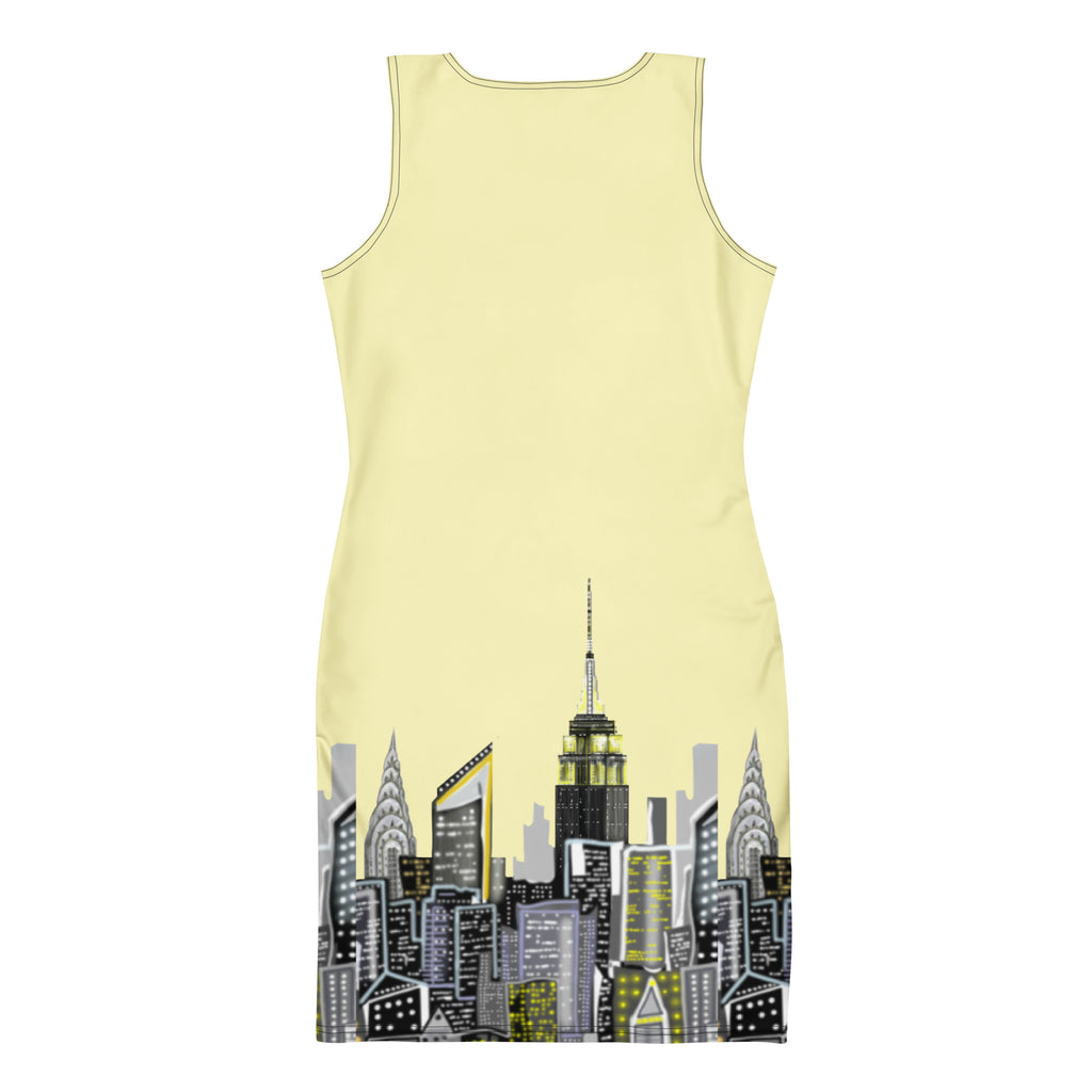 Back of a Bodycon Dress with Giallo Cumulus yellow Abstract Skyline of NYC by Loria NYC Art 