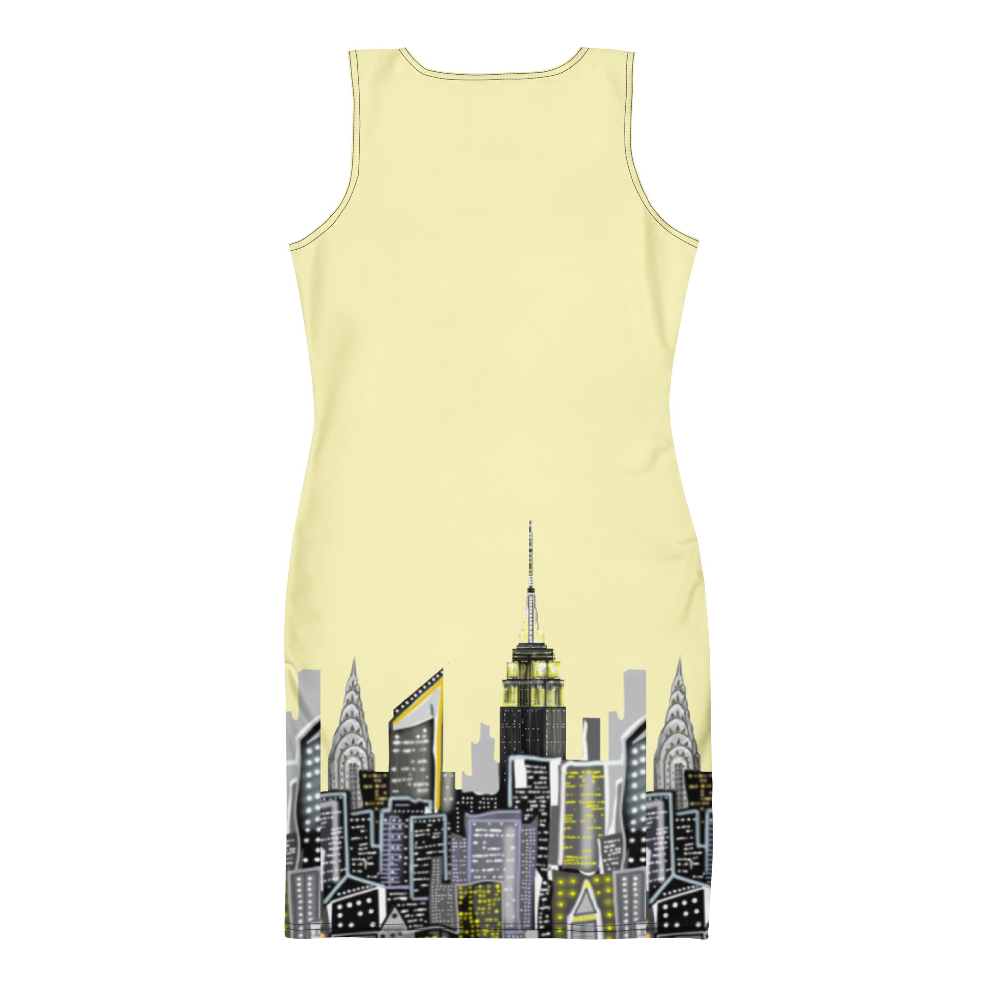 Back of a Bodycon Dress with Giallo Cumulus yellow Abstract Skyline of NYC by Loria NYC Art 