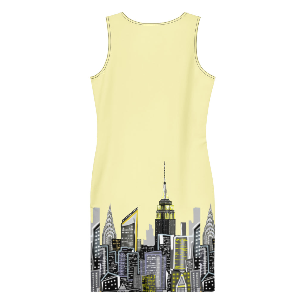 Back view of Bodycon Dress with Giallo Cumulus yellow Abstract Skyline of NYC by Loria NYC Art