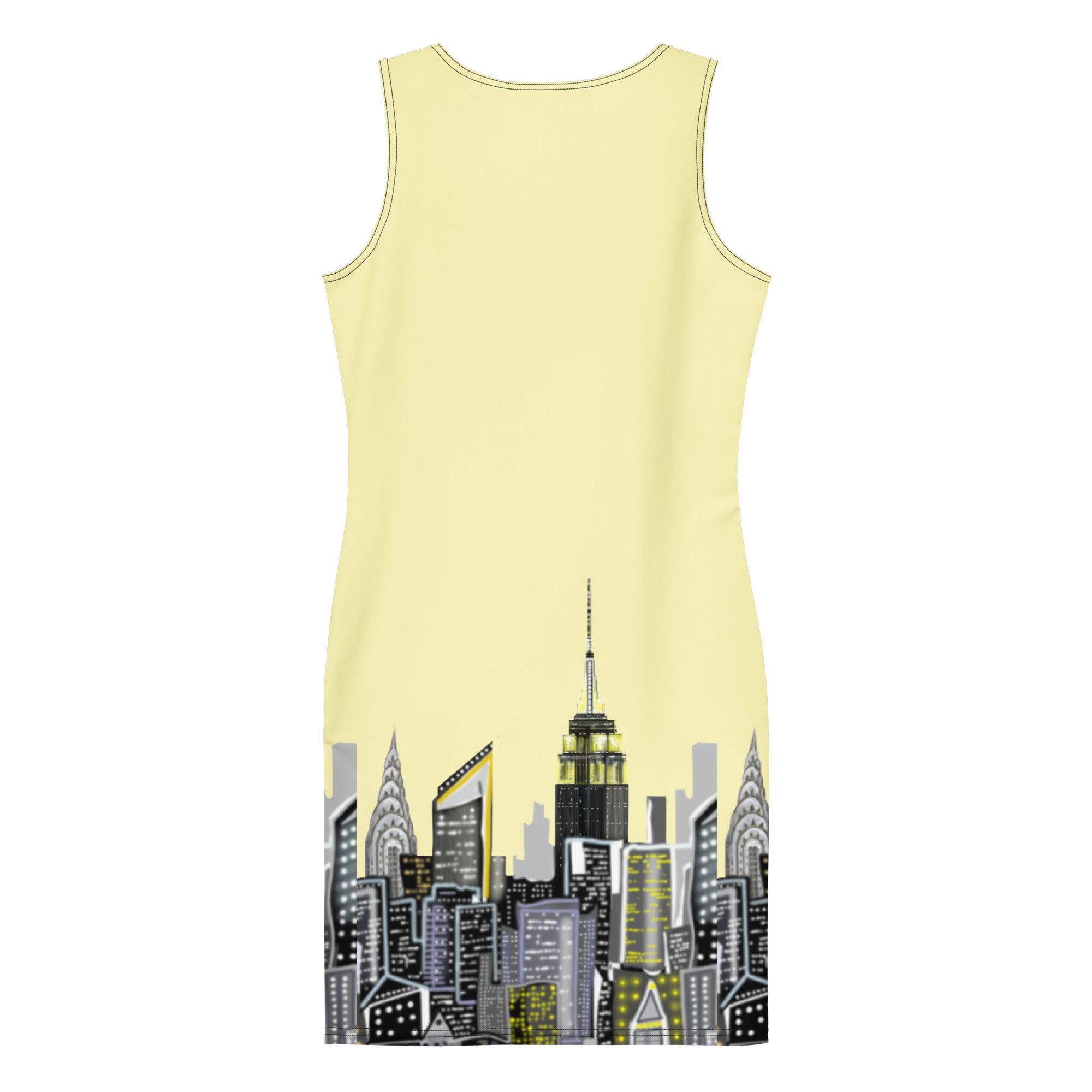 Back view of Bodycon Dress with Giallo Cumulus yellow Abstract Skyline of NYC by Loria NYC Art