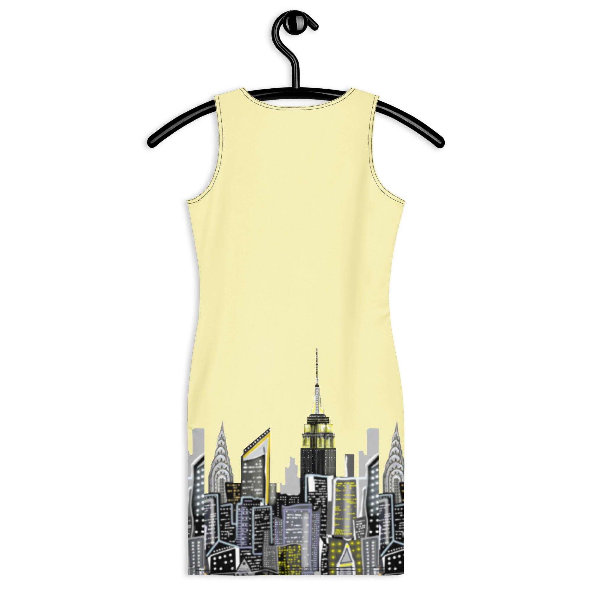 Back of a Bodycon Dress with Giallo Cumulus yellow Abstract Skyline of NYC by S. Loria NYC Art on a hanger against a white background