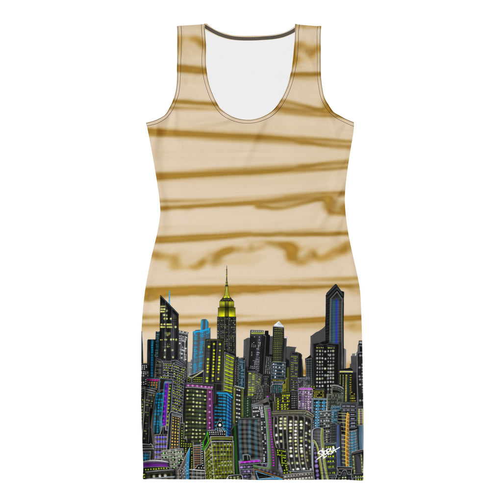 Tank top with cityscape design by Loria NYC art on a beige background