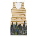 Tank top with cityscape design by Loria NYC art on a beige background