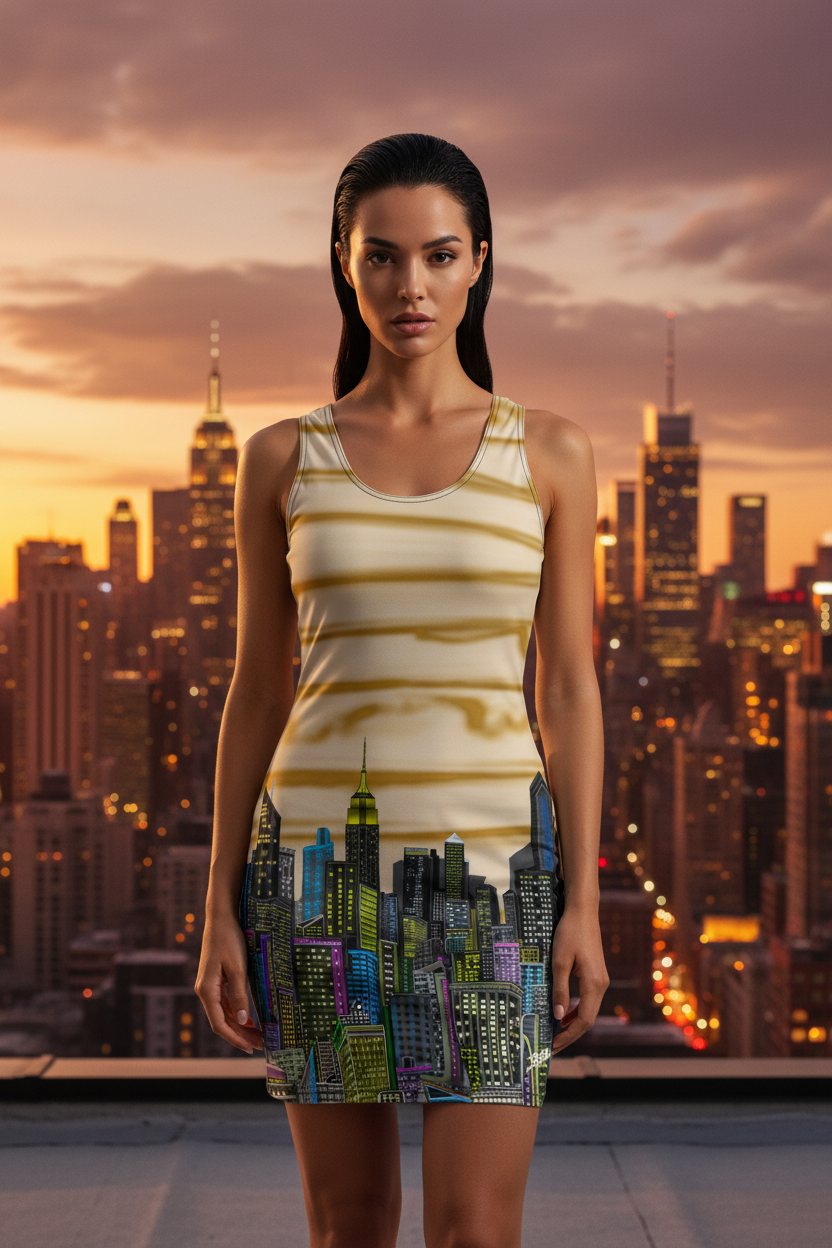 Woman wearing a dress with cityscape Loria NYC Art design against a city skyline at sunset.
