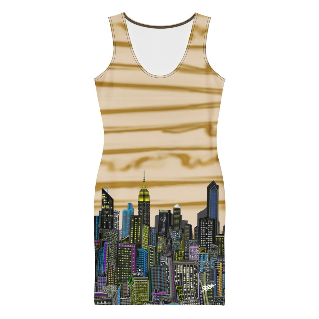 Dress with a cityscape designed by Loria NYC Art on a white background
