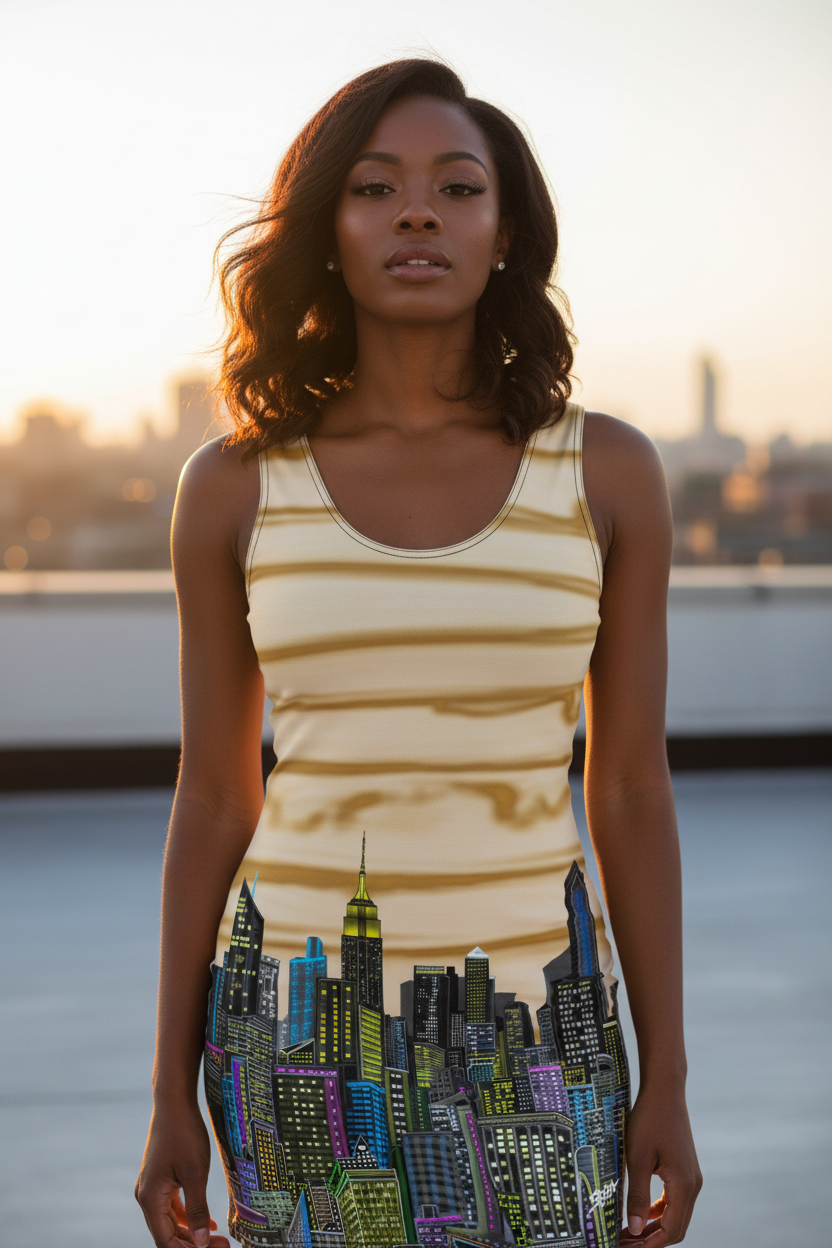 Woman wearing a dress with a cityscape Loria NYC Art design on a rooftop at sunset.  