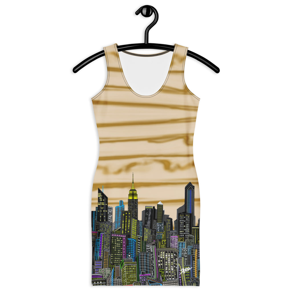 Tank top with cityscape designed by Loria NYC Art on a hanger against a white background