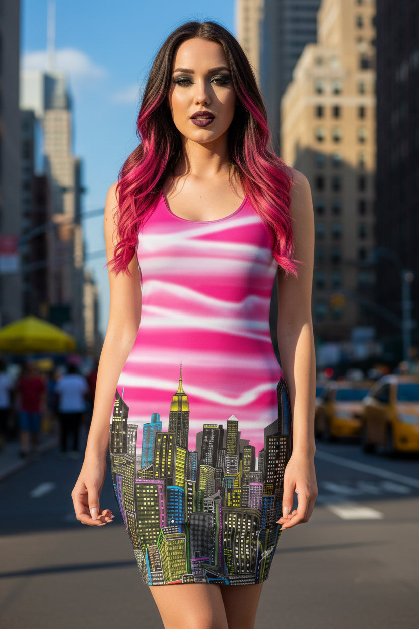 Front of women wearing a NYC Skyline Loria NYC Art dress in an urban setting.