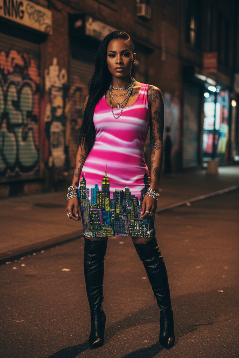 Woman in a colorful Loria NYC Art dress with cityscape design and black knee-high boots standing on a street with graffiti.