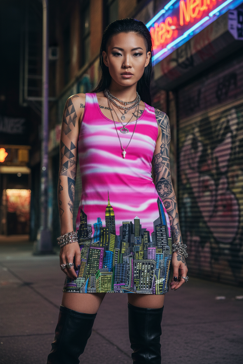 Woman wearing a colorful Loria NYC Art dress with a cityscape design on a street at night.