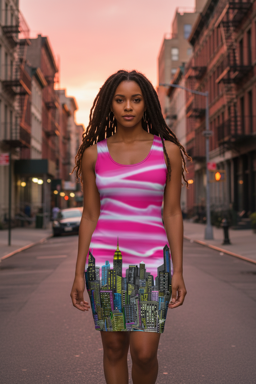 Girl in urban street wearing a  Loria NYC Art fuchsia cityscape dress on a street