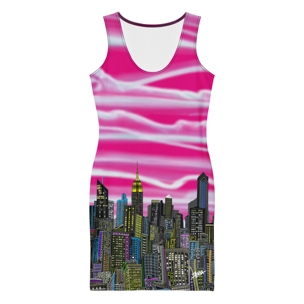Front of Bodycon Dress Fioritura Fucsia di Abstract NYC Skyline by Loria NYC Art