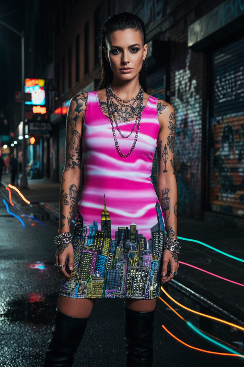 Woman wearing a dress with a Loria NYC Art cityscape design on a neon-lit street.