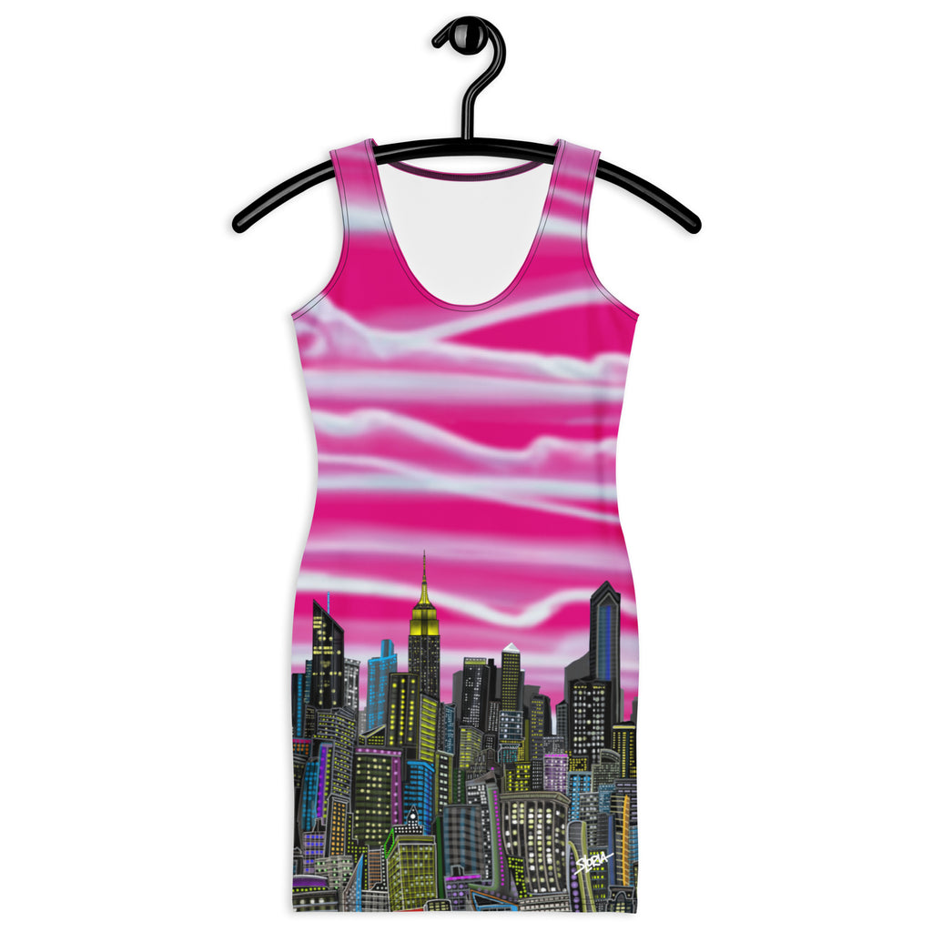 Front of Bodycon Dress Fioritura Fucsia di Abstract NYC Skyline by Loria NYC Art on a hanger against a white background