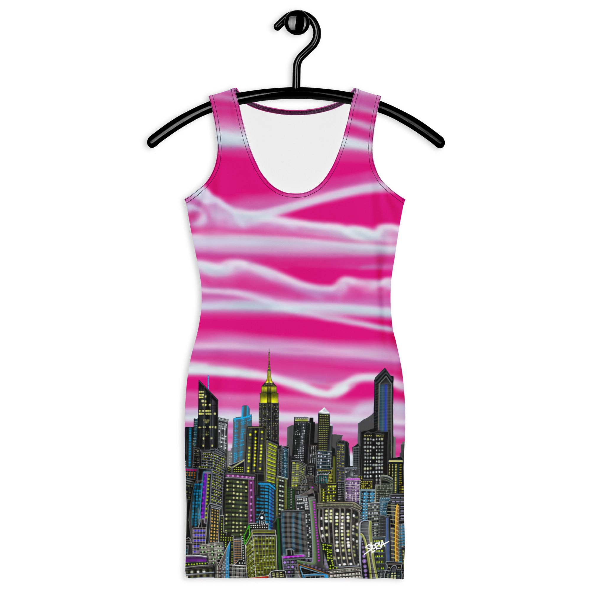 Front of Bodycon Dress Fioritura Fucsia di Abstract NYC Skyline by Loria NYC Art on a hanger against a white background