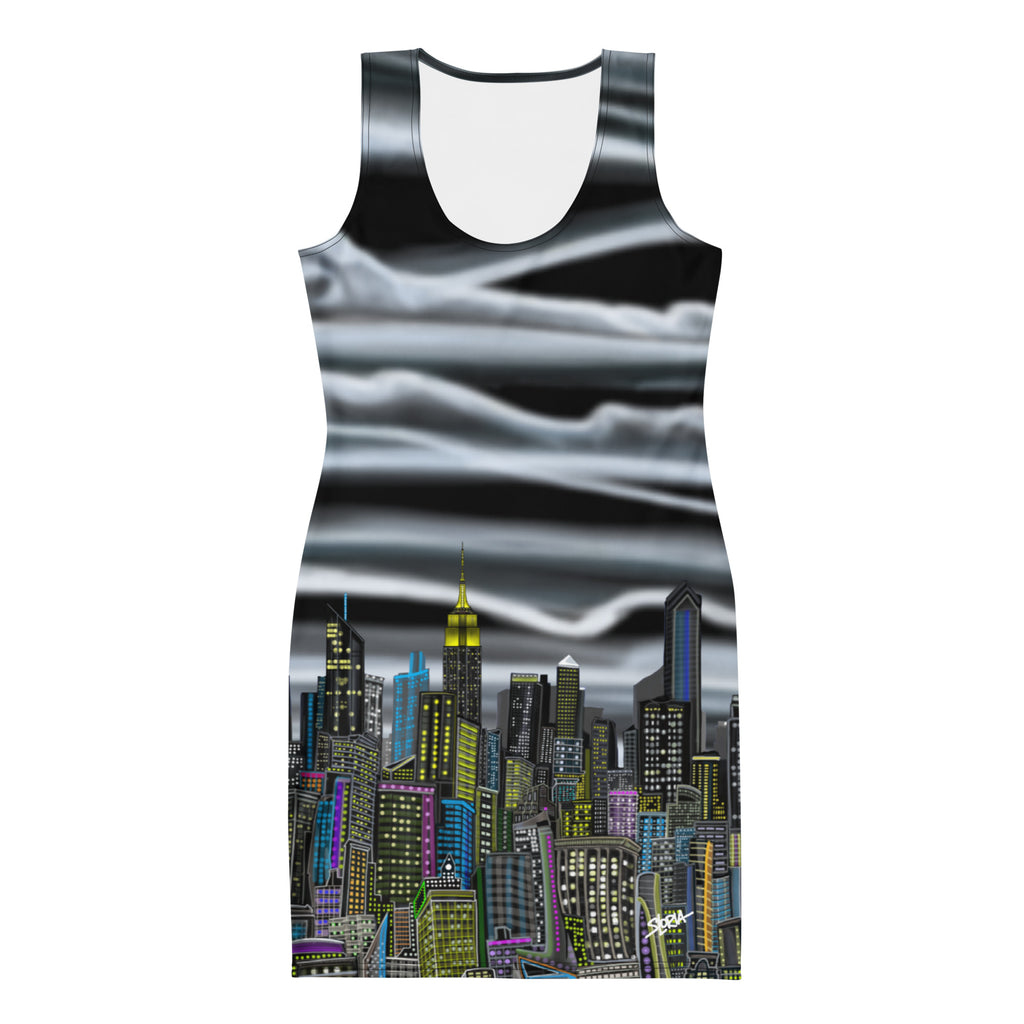 Front of Bodycon Dress with Nuvola Notturna Abstract Skyline design by S.Loria NYC Art