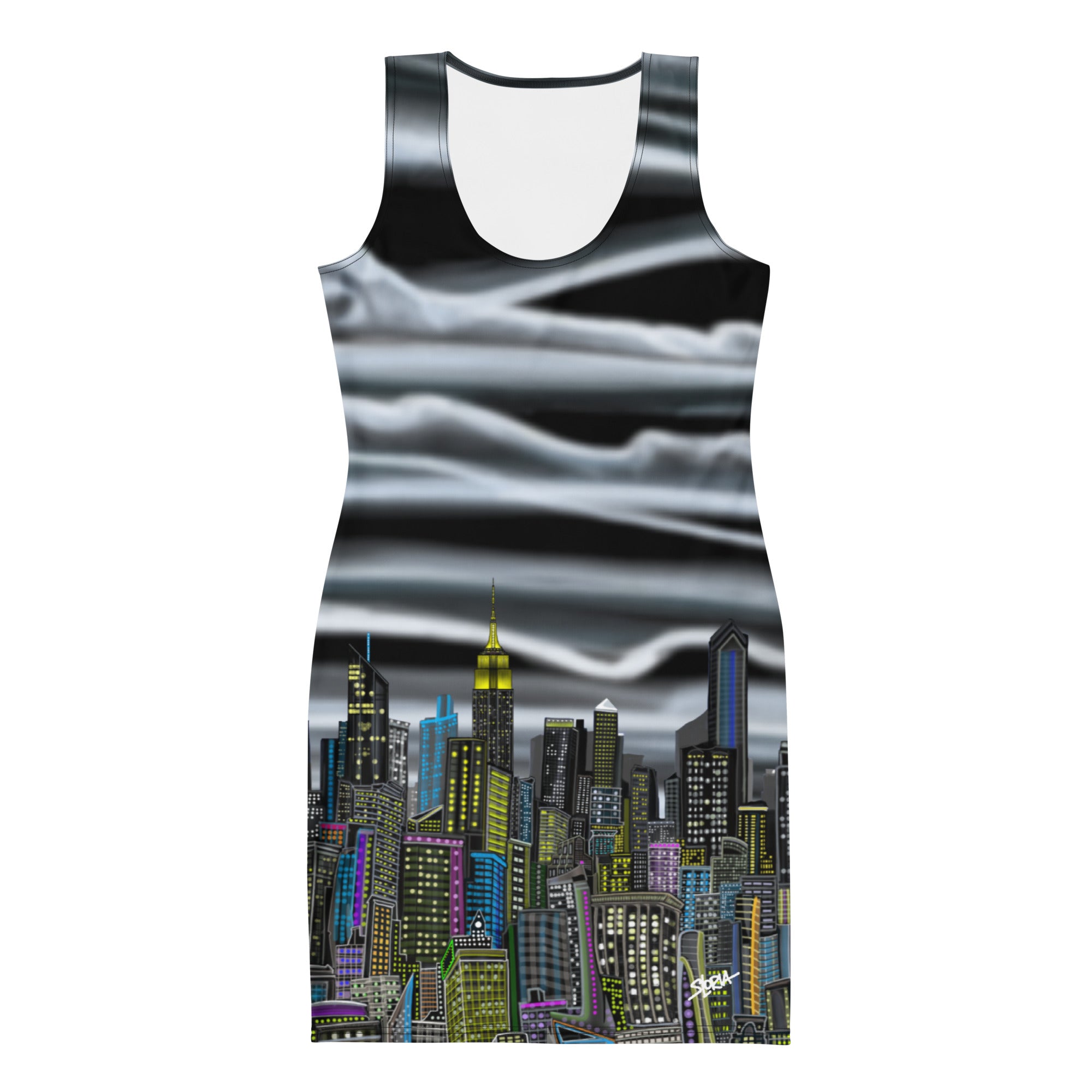 Front of Bodycon Dress with Nuvola Notturna Abstract Skyline design by S.Loria NYC Art