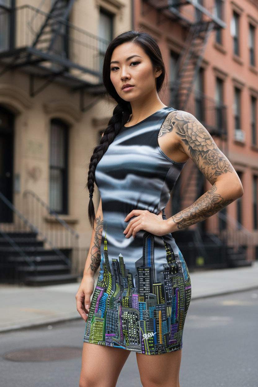 Woman wearing a sleeveless Loria NYC Art dress on a city street.