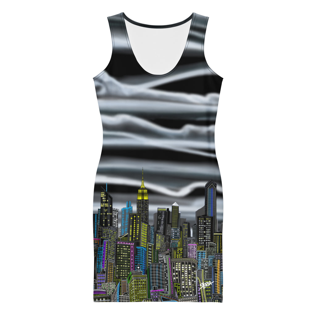 Front view  of Bodycon Dress with Nuvola Notturna Abstract Skyline design by S.Loria NYC Art on white backround 