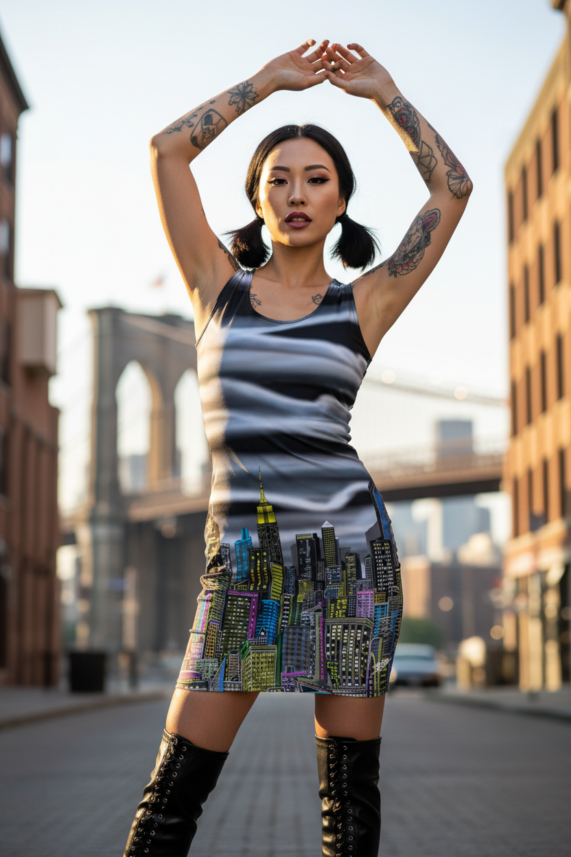 Woman in a dress with Loria NYC Art cityscape design standing in an urban setting with a bridge in the background