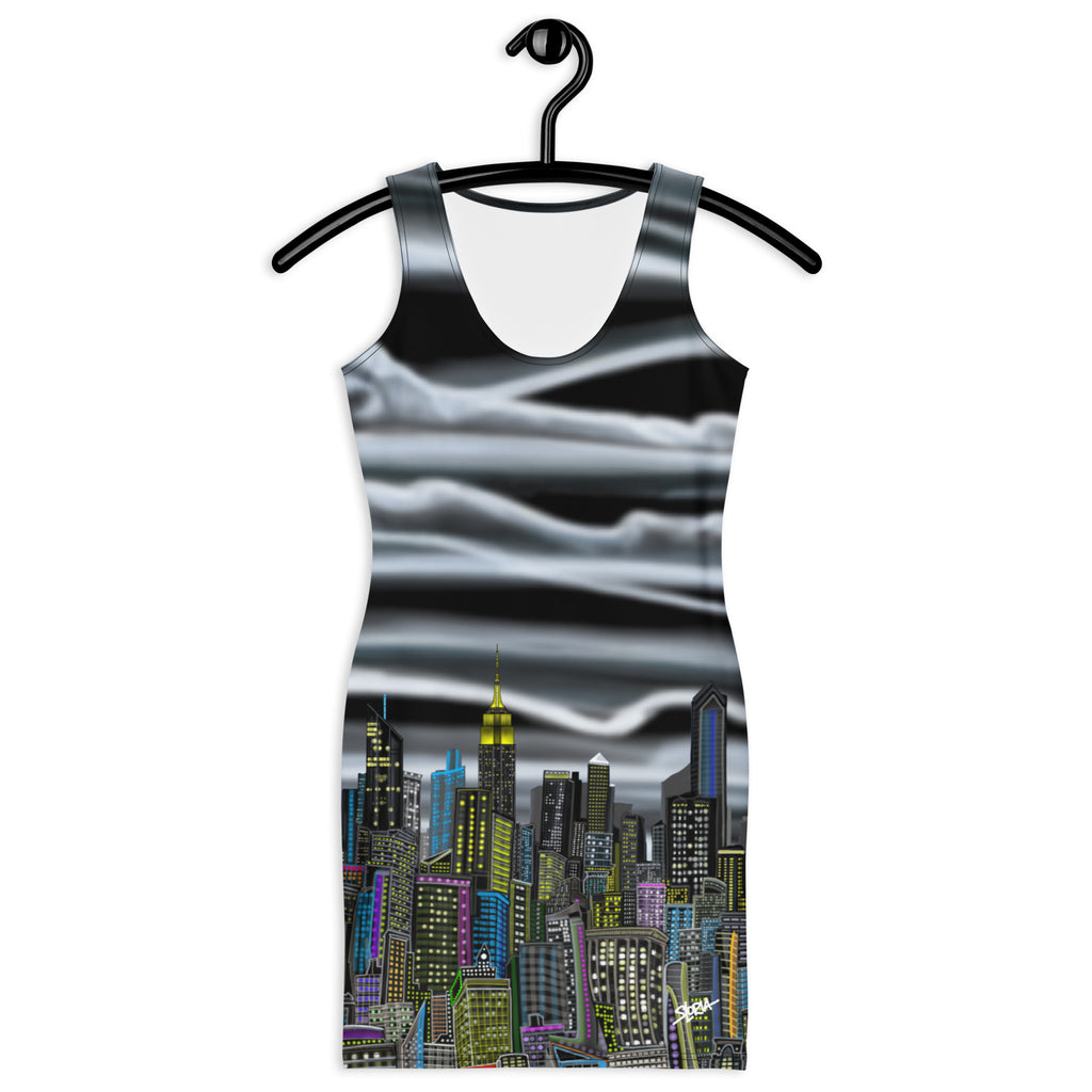 Front of Bodycon Dress with Nuvola Notturna Abstract Skyline design by S.Loria NYC Art on a hanger against a white background